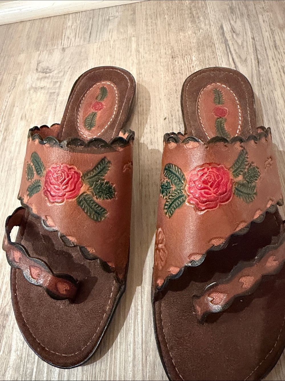 Brown Leather Floral Slide Sandals with Red Rose Detail - Picture 4 of 12